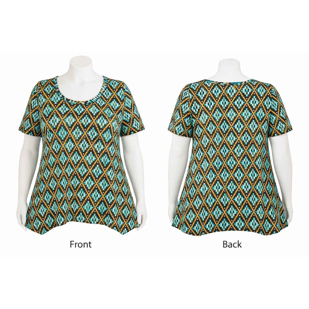 Denim & Co Womens 3X Teal Brown Tribal‎ Ikat Print Trapeze Hem Short Sleeve Top